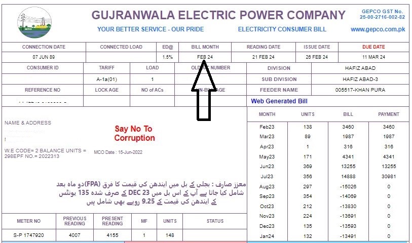 GEPCO electricity Bill Month